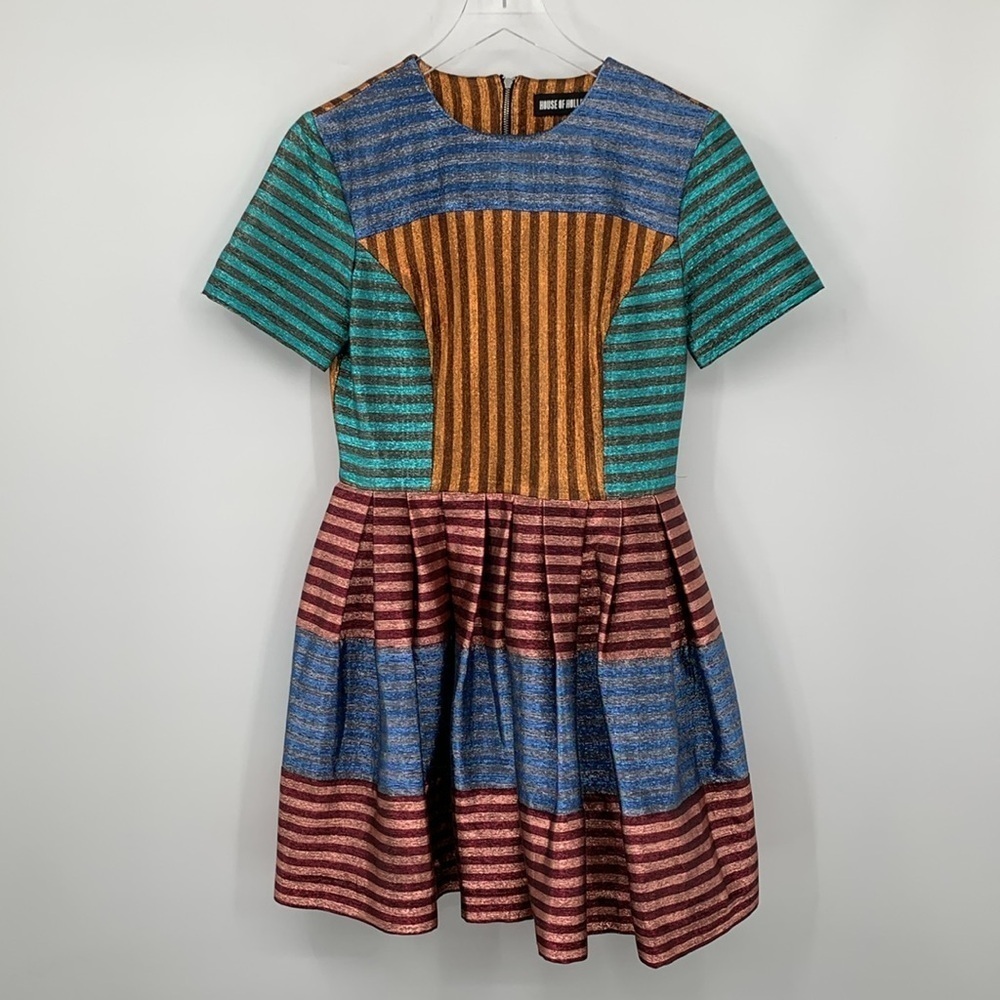 House of Holland Martini fit flare shift dress metallic stripe colorblock new 6